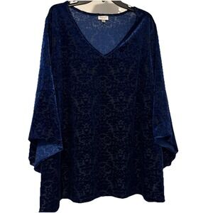 Royal Blue Velvet Burnout Damask Bell Flare Sleeve Top Tunic Whimsigoth 26/28